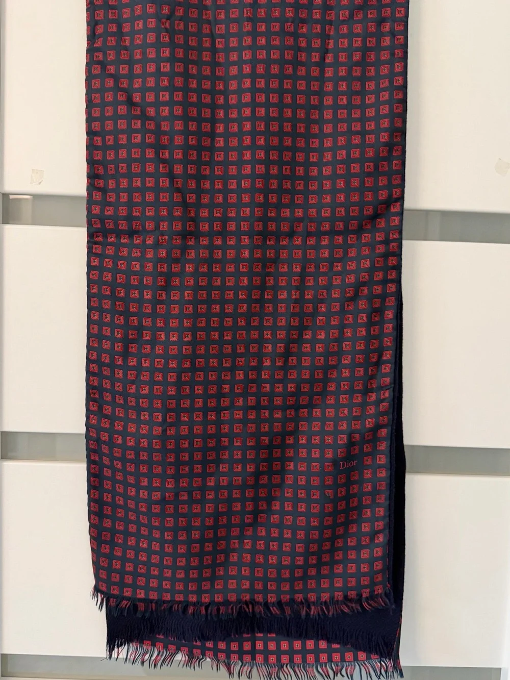 Dior Navy and Red Checked Fringe Scarf